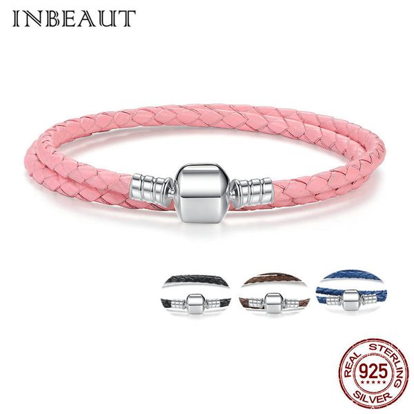 

inbeaut real 925 sterling silver double genuine leather rope chain women new trendy princess elegant wedding bracelet jewelry, Golden;silver
