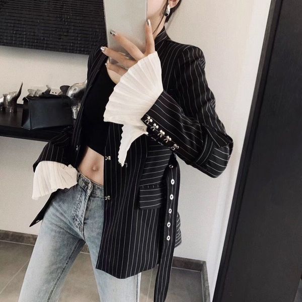 

women long sleeve black casual long blazer ladies belted striped patchwork jacket streetwear notched collar pleated blazer, White;black