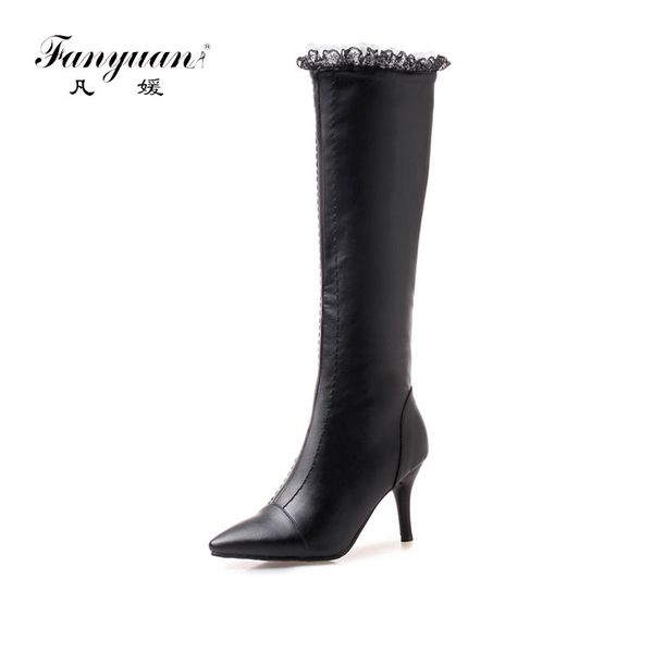 

fanyuan women knee-high boots pu leather thin high heel boots pointed toe long winter ruffles plush shoes, Black