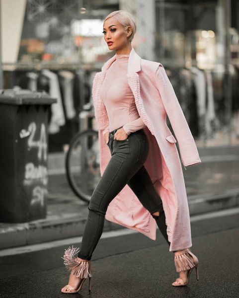 

2018 winter woolen coat windbreaker jacket long sleeve fashion lapel jacket clothing pink women's wholesale direct, Black