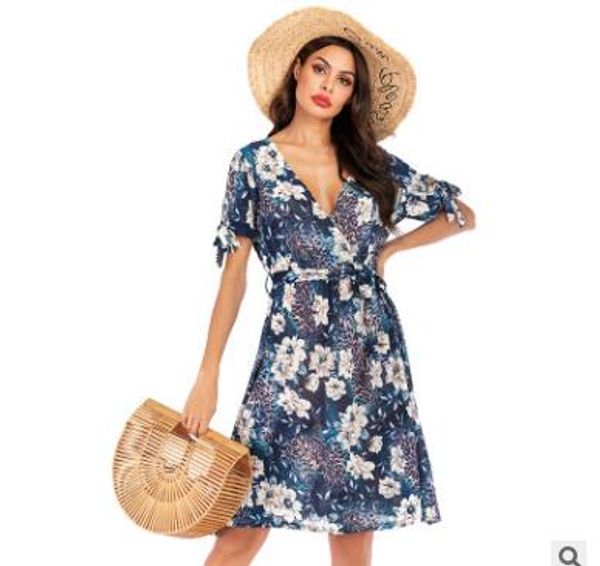 

fashion-women summer dress foral printed bandage split v neck short sleeve ruffled party dresses summer dress, Black;gray
