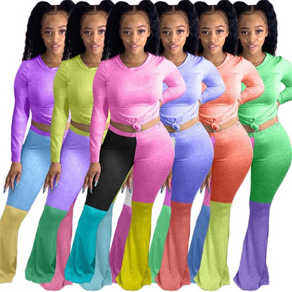 

quick dry women two piece outfits long sleeve tshirt blouse pullover patchwork color flared trousers bell bottom leggings pants setd8411, White