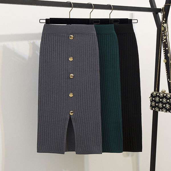 

casual solid ribbed knitted cotton skirt women summer bodycon button skirts high waist split stretch midi pleated black gray