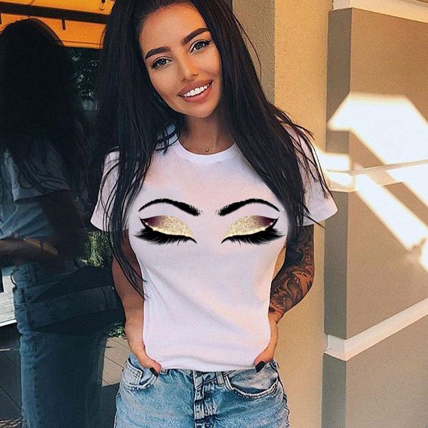 

factory price womens tshirt fashion 2020 short sleeved round collar eyelash print t-shirt tee summer casual tees ladies clothing a6238, White