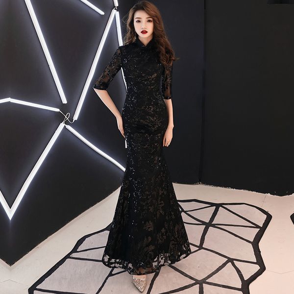 

мода китайские вечерние платья длинные платья платье cheongsam современная восточная вечеринка в стиле черное платье ци пао одежда женщин во, Red