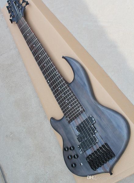 

matte black bass electric guitar left hand with rosewood fingerboard, neck wearing body, 8 strings, providing personalized cust