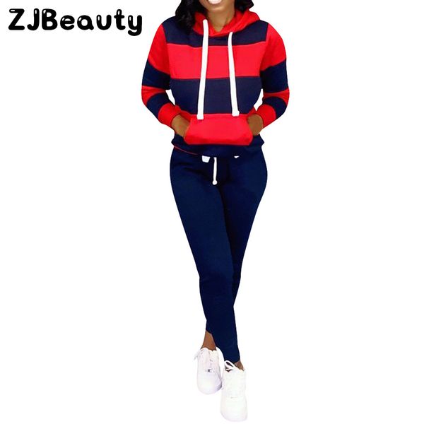 

fashion tracksuit for women long sleeve stripe patchwork hooded blouse +long pants suit 2 pieces sets sportswear#g4, Black;blue