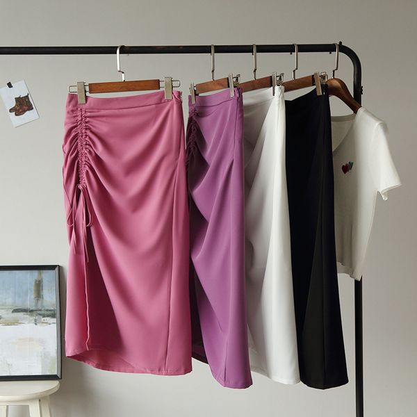 

2020 летняя леди мода высокой талией кулиской midi юбка женщины юбки, Black