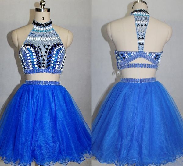 Azul real de duas peças vestidos de regresso a casa de pescoço de pescoço traseiro de shinestones cristais vestidos de coquetel de coquetéis curtos hy0871