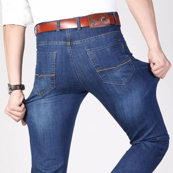 

2019 spring and summer thin jeans men's elasticity loose casual straight-cut large size light color fashion men business trouser, Blue