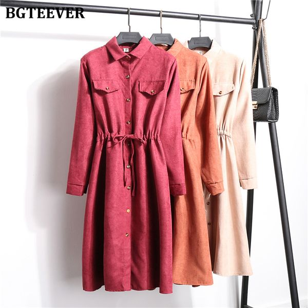 

bgteever vintage turn-down collar corduroy dress women single-breasted lace-up female a-line dress casual midi vestidos 2020, Black;gray