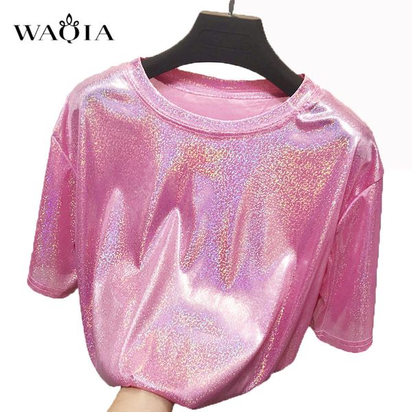 

waqia new summer retro stylish bright silk woman shiny loose short sleeve t-shirt club aesthetic harajuku women tshirt, White
