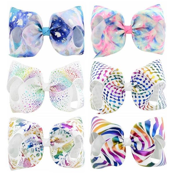 

6pcs/lot 8inch unicorn star point stripe print bows with clips for kids girl colorful hairgrips hair accessories 861, Slivery;white