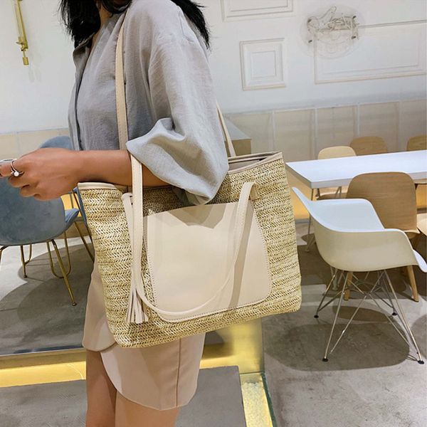 

fashion rattan shoulder bags for women wicker weave handbags pu patchwork straw bag large capacity totes summer beach purse 2019