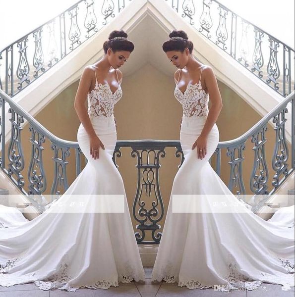 

2019 new spaghetti straps lace mermaid wedding dresses satin lace applique sweep train wedding bridal gowns b3, White
