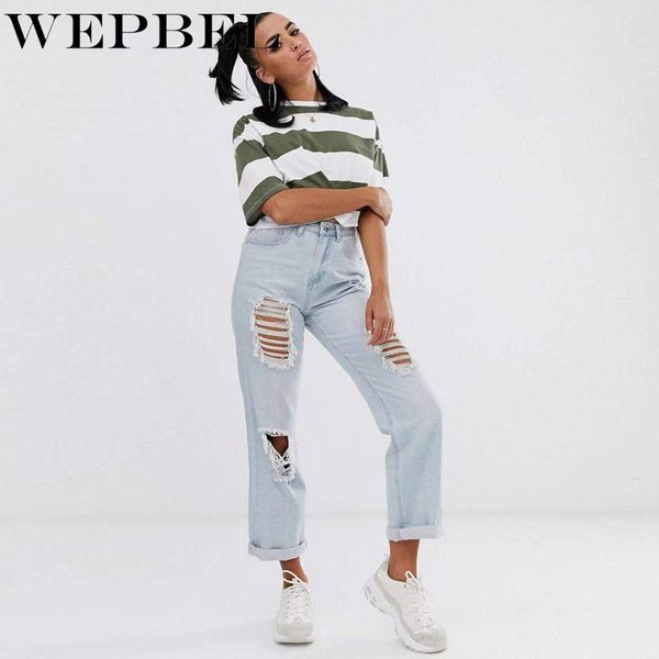 

wepbel ripped jeans for women casual damage hole jeans woman mid high straight distressed denim pants, Blue