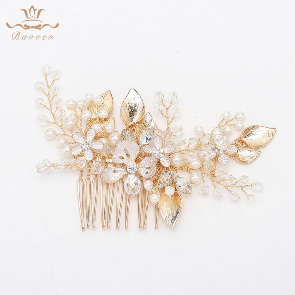 

элегантные золотые свадебные аксессуары для волос листья невесты расчески для волос палочки цветка hairbands волос способа для новобрачных, Golden;white