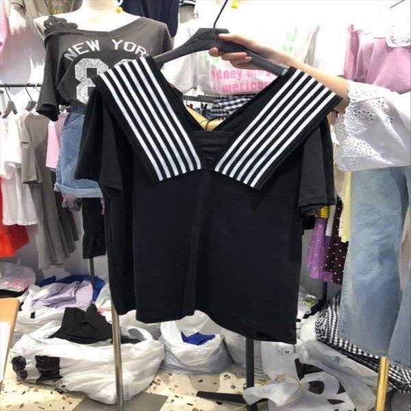 

east gate 2020 women's v-collar stripes stitching academic temperament short-sleeved t-shirt with bare shoulders east gate 2020 women&#, White