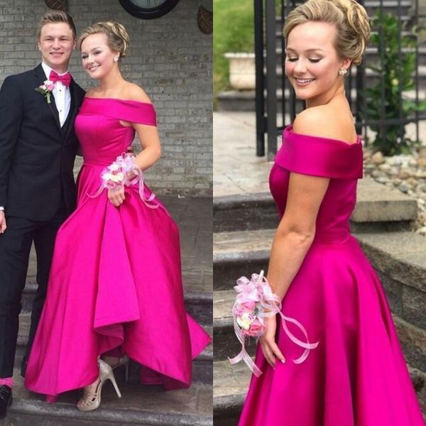 2019 Schulterfreies Ballkleid, A-Linie, ärmellos, Fuchsia-Satin, lange formelle Abendparty-Kleider, preiswertes, hochwertiges Kleid nach Maß