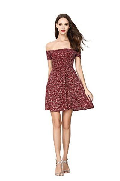 

women's off the shoulder elastic casual dress floral swing dress, Black;gray