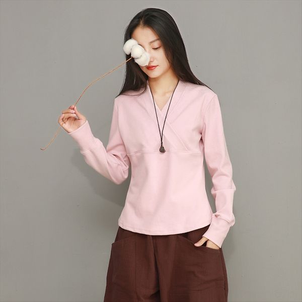 

2019 autumn women's cotton plus velvet v-neck pullover slim t-shirt (12.20 days off t-shirt pullover, White