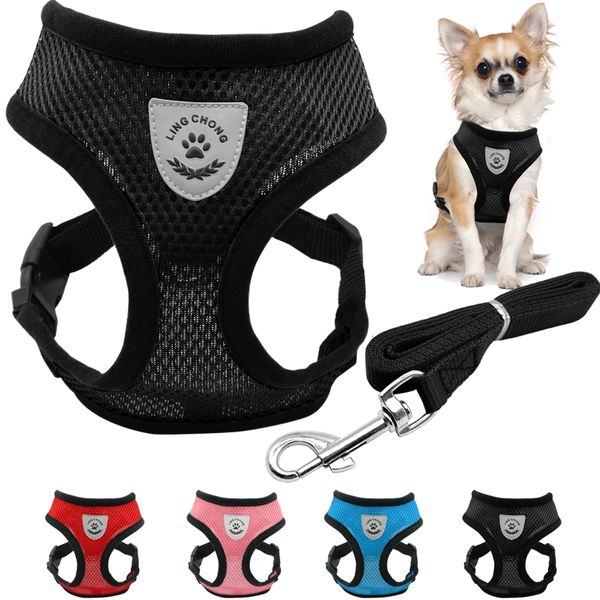 

sh breathable mesh small dog pet harness and leash set puppy vest pink red blue black k5368