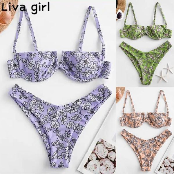 

цветочная печатный комплект бикини женщины пляжная high cut v push up проложенный двухкусочный купальник женский бразильский пляж sexy wear