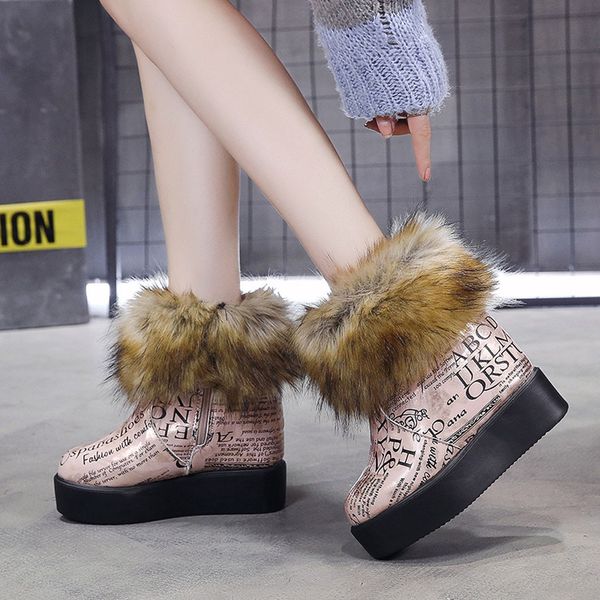 

fur waterproof women's snow boots fashion thick bottom snow boots keep warm winter women plus velvet cotton shoes female, Black