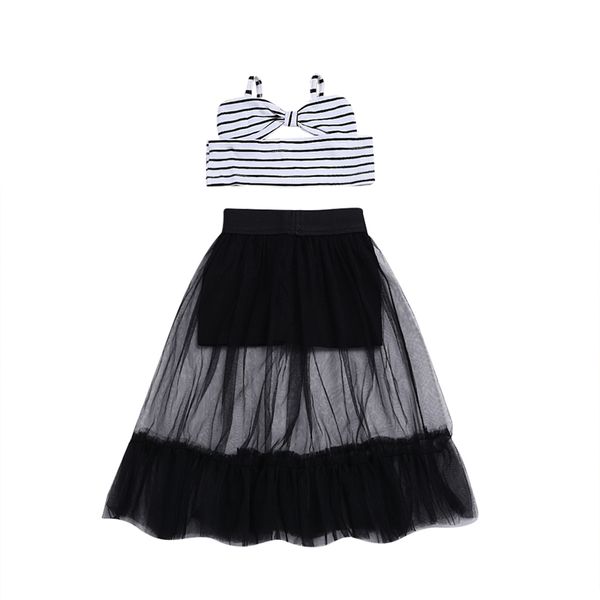 

2018 fashion summer toddler baby girls 2pcs bow striped sleeveless vest lace tutu ankle-length skirts outfit 6m-5y, White