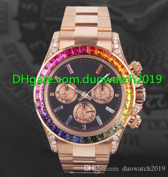 

new 40mm men watches 116595 rbow rainbow no chronograph diamond bezel black dial rose gold band mechanical automatic movement w, Slivery;brown