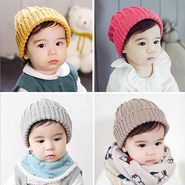

1 piece autumn spring children kids winter baby hat solid girls boys toddlers crochet cute knitted beanie cloth warm, Yellow