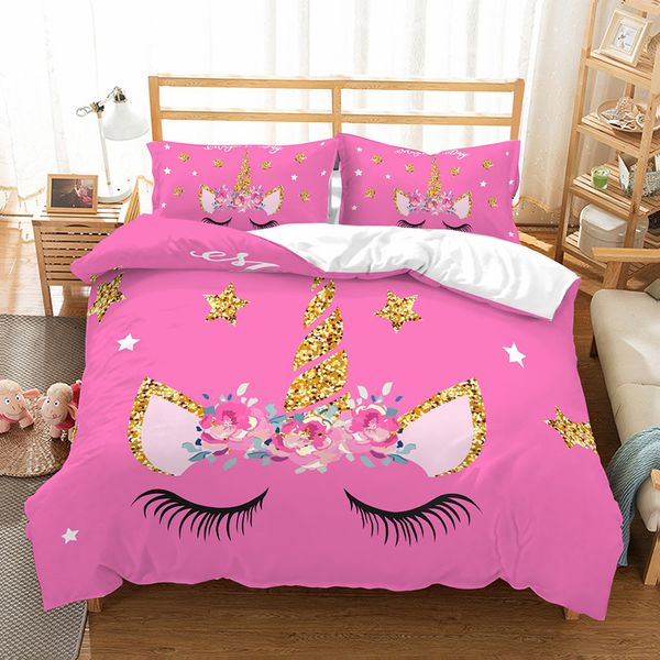 3d Flower Pink Unicorn Bedding Set Queen Size Kids Cartoon Duvet