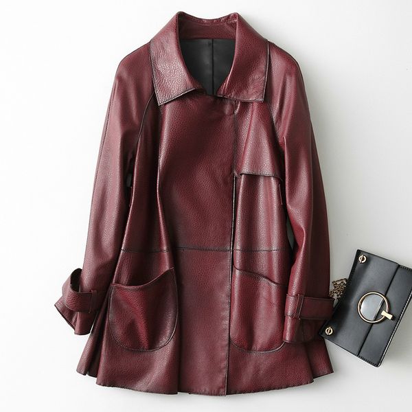 

genuine new 2020 leather jacket women spring autumn jackets long slim 100% real sheepskin coat streetwear female 29054 s, Black