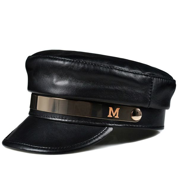 

hl810 women fashion navy hat cap 2019 new genuine leather beret student girl baseball caps black color, Blue;gray