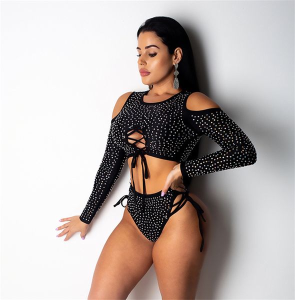 

summer women's crystal long sleeve bikini set swimwear swimsuit beachwear off shoulder lace up swimwear