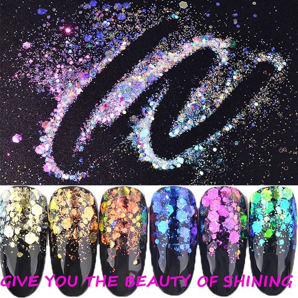 

1 box aurora nail sequins ultra-thin mermaid hexagon flakes slice mixed glitter powders 3d sparkling nail art decor 6 colors, Silver;gold