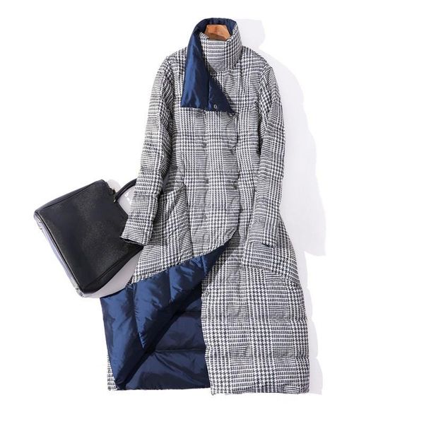 

women's down long jacket female warm plaid coat casual parkas, Black
