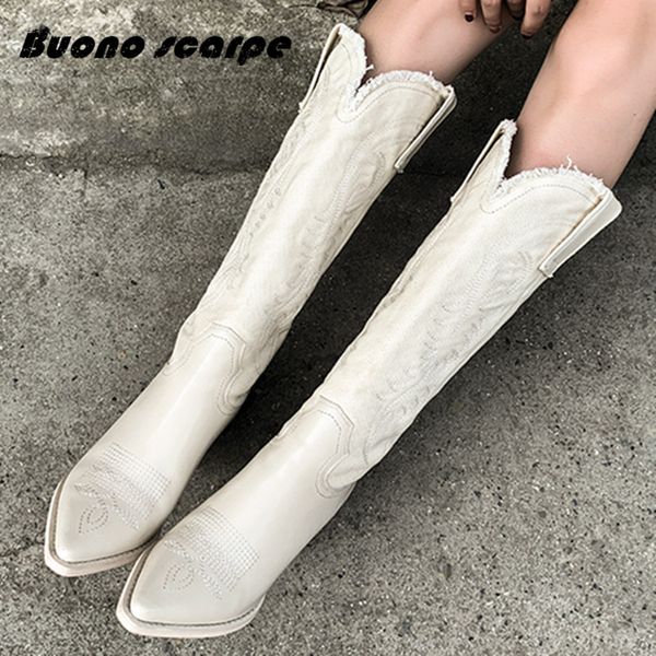 

buonoscarpe 2019 из натуральной кожи западной пастушка сапоги toe остроконечные черный белый зимние ковбойские сапоги колено высокие ботинки, Black