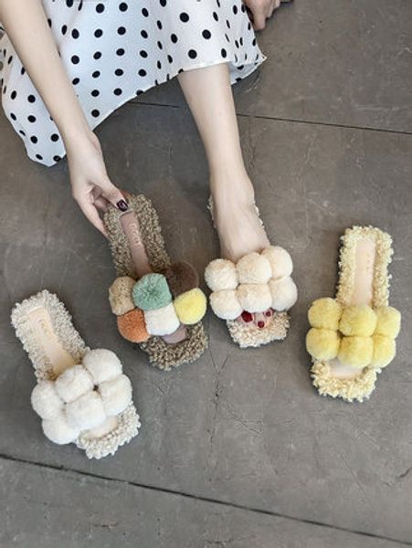 

sandals and slippers women 2020 new wild flat-bottom hairy slippers fashion wear ins tide cute lazy shoes, Black