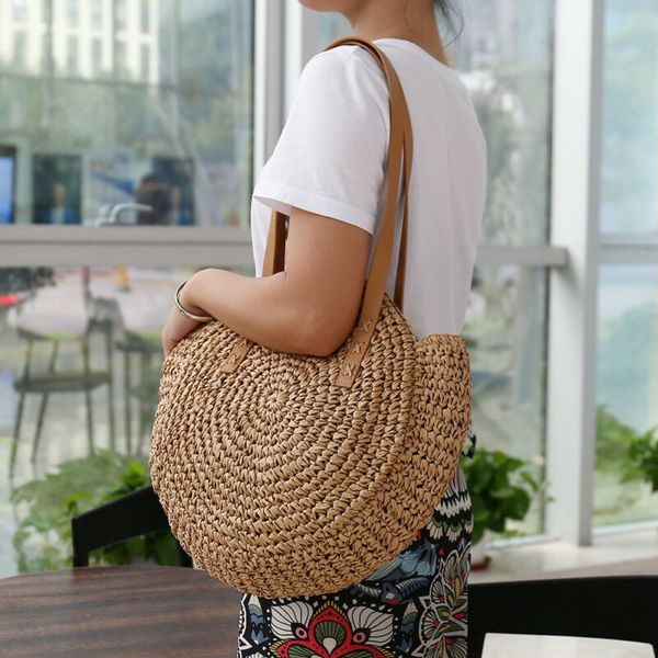 

women boho woven handbag summer beach tote straw bag round rattan shoulder bags