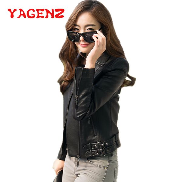 

yagenz plus size leather jacket women short coat spring autumn women leather jacket lapels bomber jackets pu coat 394, Black