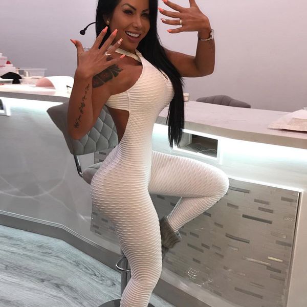 

push up jumpsuit women fitness rompers mesh bodysuit women backless halter across playsuit body femme romper, Black;white