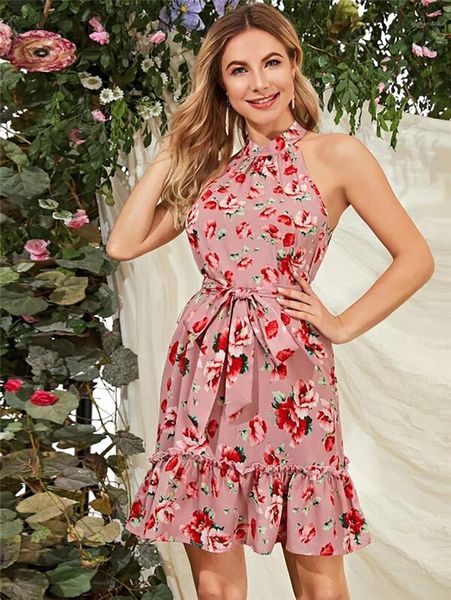 

fashion sashes dresses natural color casual sleeveless dresss women clothes flora print designer womens dresses halter, Black;gray