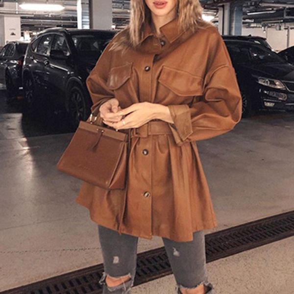 

malina loose faux leather coats women fashion brown pu leather jackets women elegant tie belt waist coats female ladies gc, Black