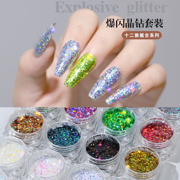 

12pcs/set nail art glitter gold white purple rose diamond flakes super fine chameleon nail mz174, Silver;gold