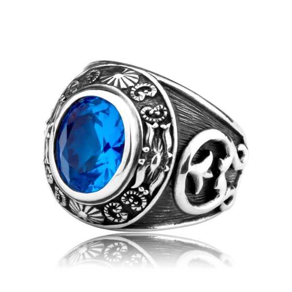 

metjakt vintage men blue z rings hand carved totem solid 925 sterling silver ring for men personality thai silver jewelry, Golden;silver