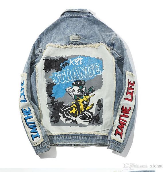 

Hip hop cartoon patchwork ripped denim jacket men ca ual di tre ed jean jacket coat treetwear fa hion male top 14d41