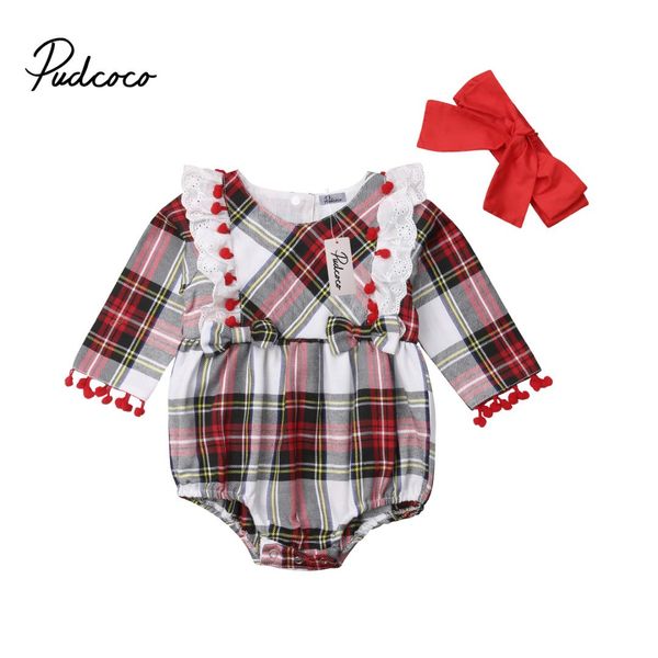 

new infant baby girl long sleeve lace plaid romper headband jumpsuit outfit clothes 2 pcs, Blue