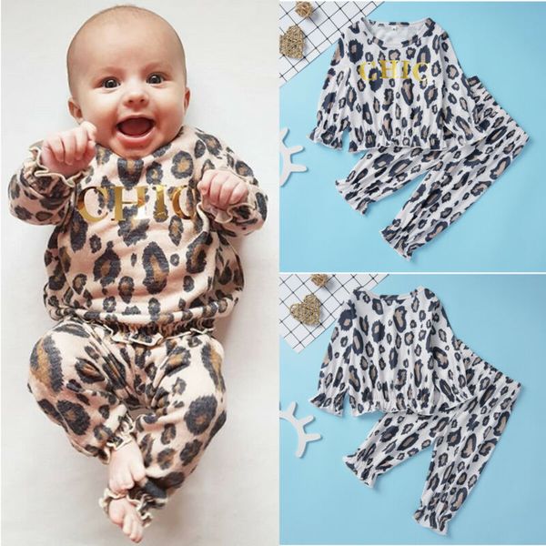

2pcs новорожденного baby girl boy tops сборка письмо printed leopard t-shirt + pants outfit одежда tracksuit set, White
