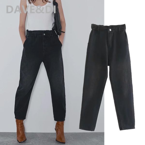

dave&di 2020 england high street vintage washed loose mom jeans woman high waist jeans solid basic boyfriend for women, Blue